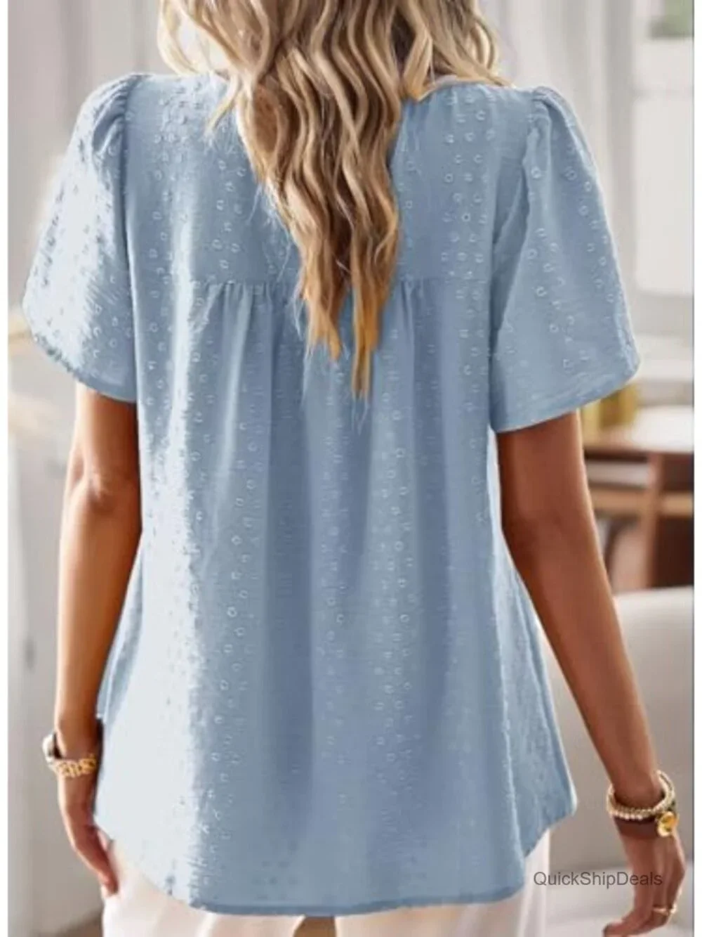 Women Crewneck Short Sleeve Blouse Lace Hem Boho Flowy Chiffon Top Casual